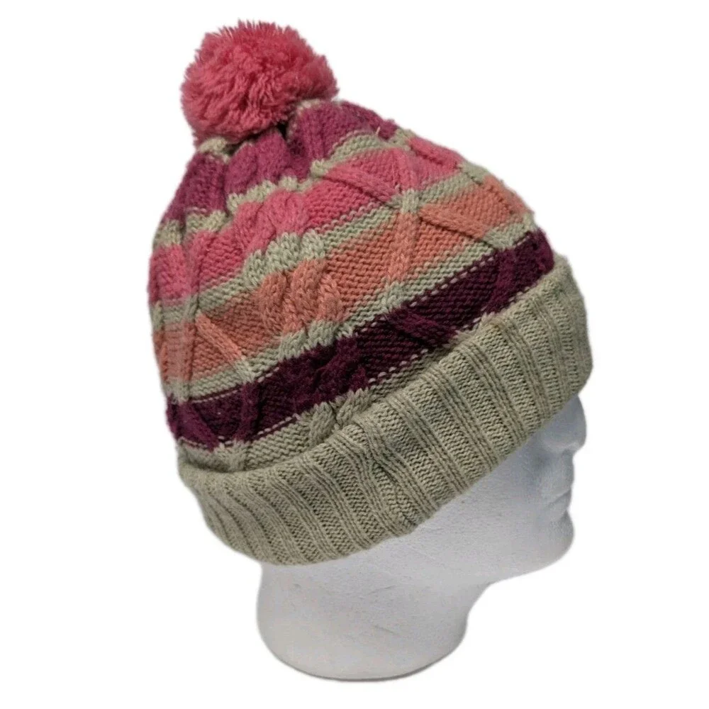 Levi's Beanie Hat Stripes Youth 7-16 Cable Knit Pinks & Beige Pom Pom Ribbed